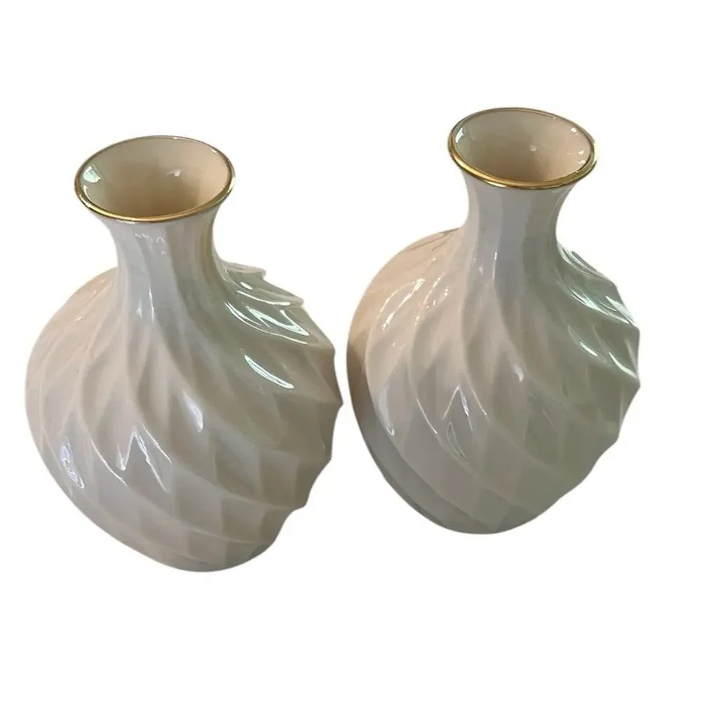 Vintage Lenox Richmond 2 Swirl Bud Vases Ivory Bone China With 24k Gold Trim USA